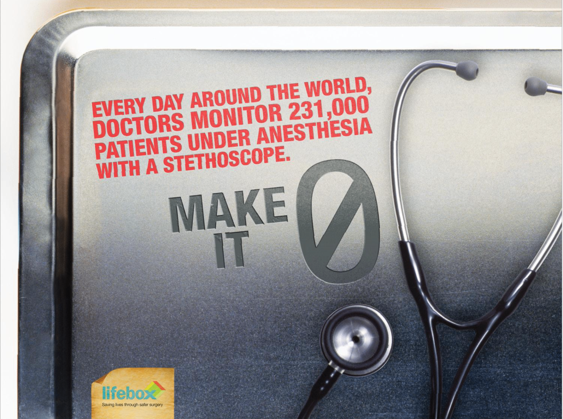 Lifebox Make It Zero stethoscope on surgical tray
